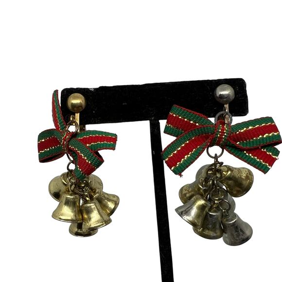Vintage Christmas Jingle Bell Clip On Earrings Holiday Festive Bow Dangle Retro - Picture 10 of 11